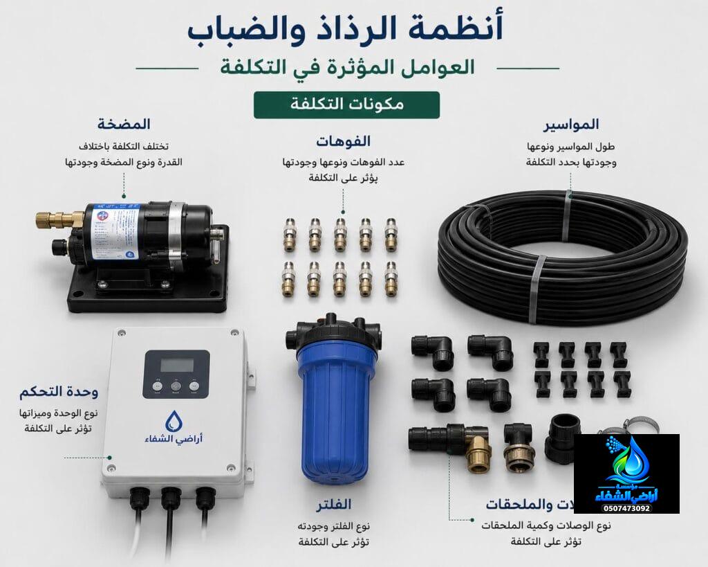مكونات تكلفة نظام الرذاذ والضباب تشمل المضخة والفلتر والفوهات والمواسير ووحدة التحكم والوصلات