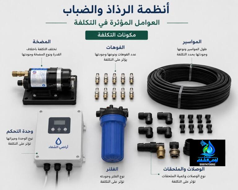 مكونات تكلفة نظام الرذاذ والضباب تشمل المضخة والفلتر والفوهات والمواسير ووحدة التحكم والوصلات