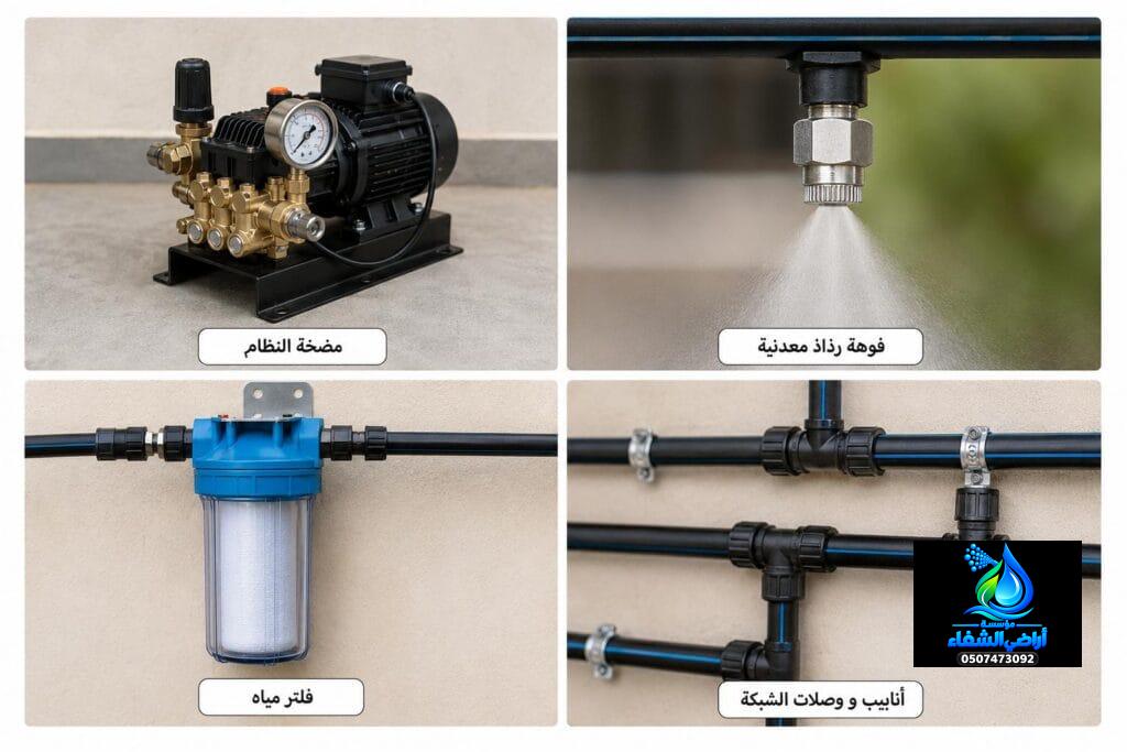 المكونات الرئيسية لنظام الرذاذ والضباب تشمل المضخة والفوهة والفلتر والأنابيب والوصلات