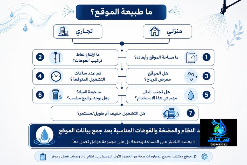 مخطط عربي يوضح كيفية اختيار نظام الرذاذ والضباب المناسب بناءً على نوع الموقع والمساحة وارتفاع الفوهات والرياح وساعات التشغيل وجودة المياه