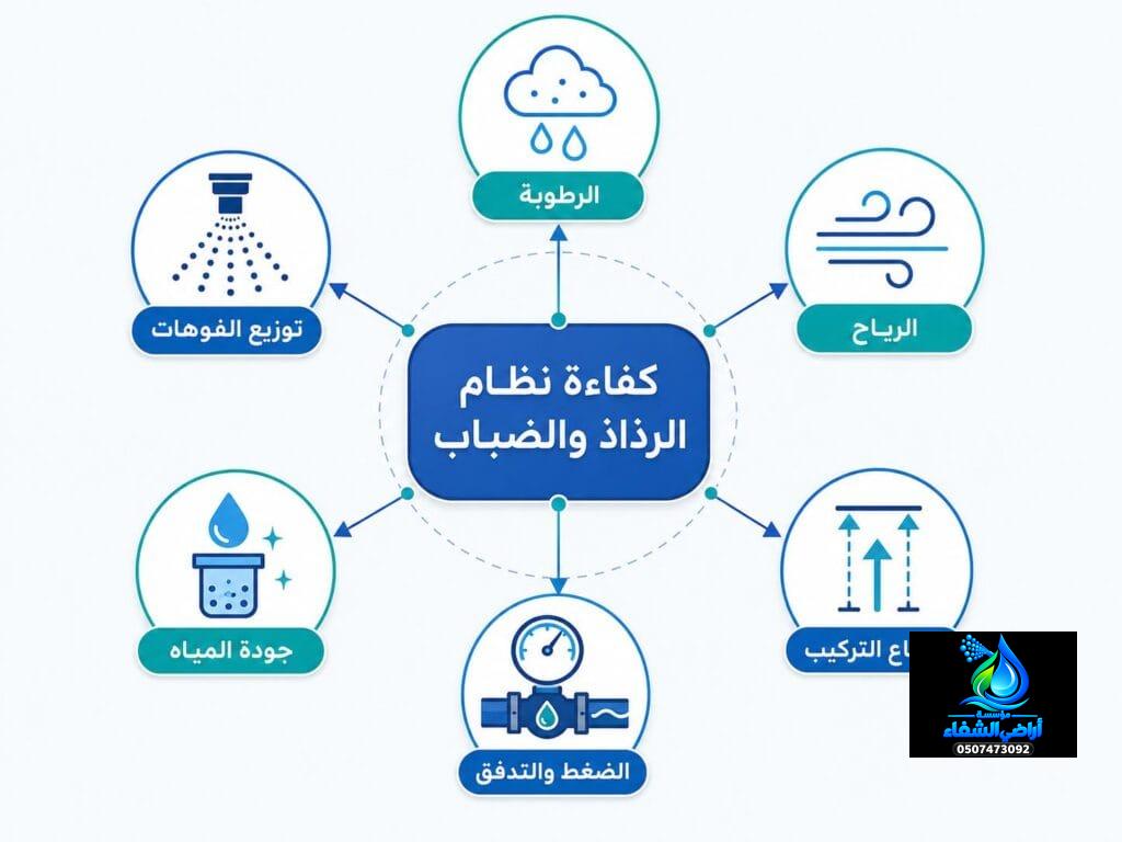 أهم العوامل المؤثرة في كفاءة نظام الرذاذ والضباب مثل الرطوبة والرياح والضغط وجودة المياه
