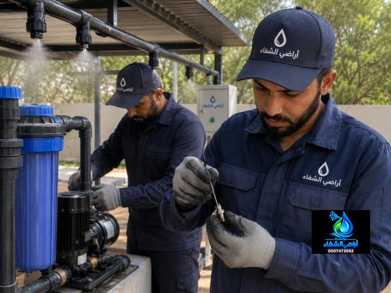 فني أثناء صيانة نظام الرذاذ والضباب وفحص الفوهات والفلاتر والمضخة